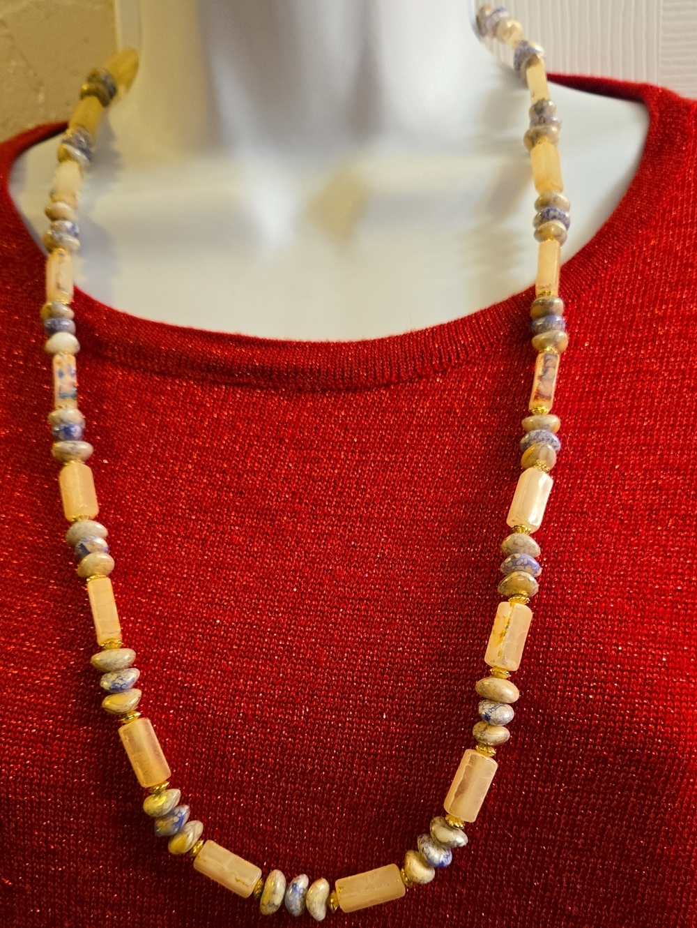 Vintage Cream and Blue Beaded Necklace